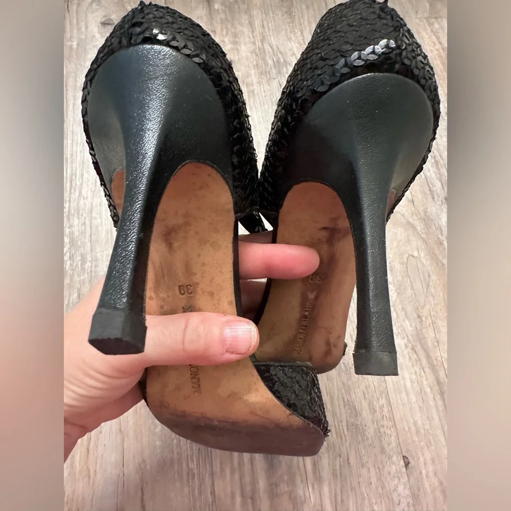 Manolo Blahnik Caldo Sequined Black Ankle Strap Peep Toe Stiletto Heels